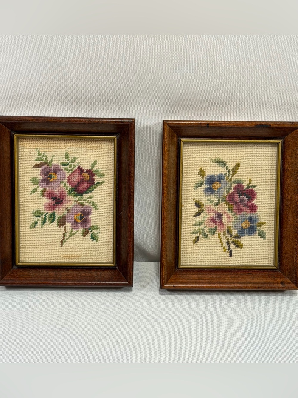 Pair Small Framed Needlepoint Florals 5” X 6” Wooden
